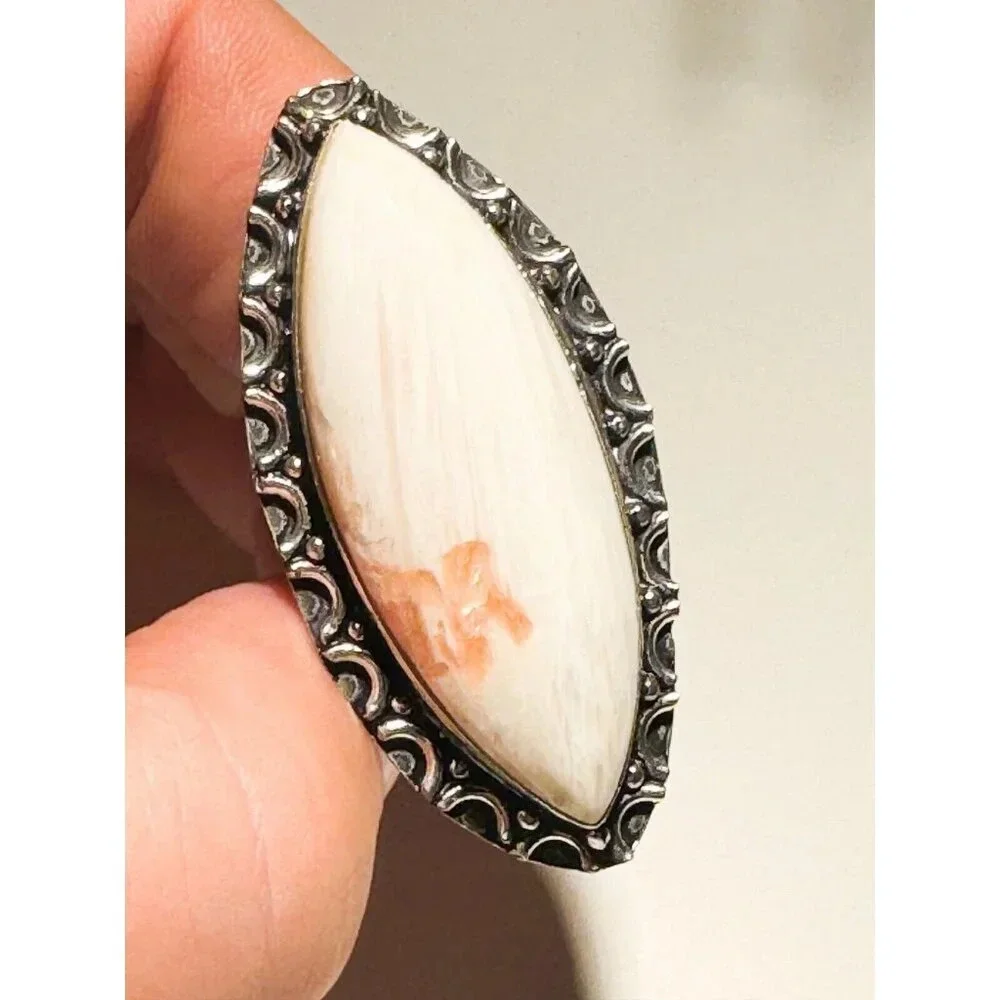 Scolecite Oval White Stone Silver Statement ring 8